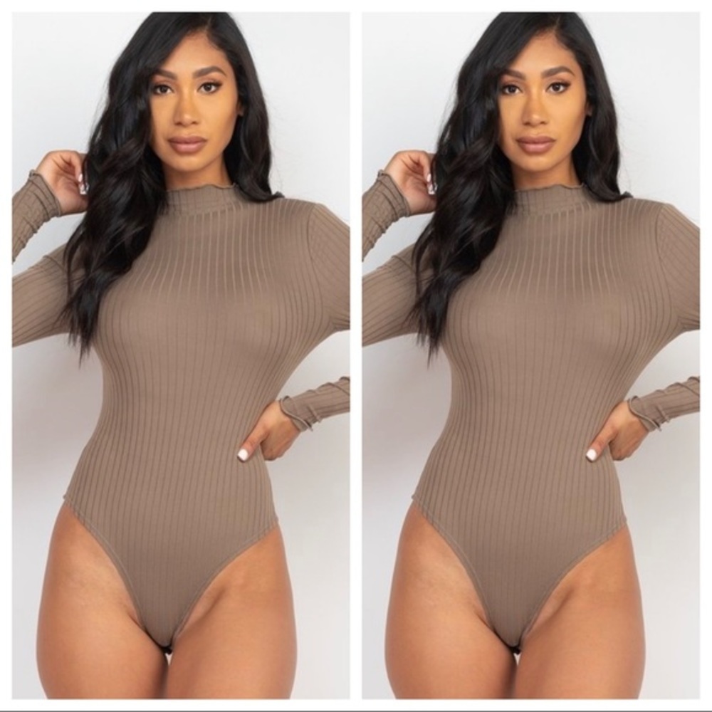WOMEN’S TAUPE‎ LONG SLEEVE RIBBED MOCK NECK THONG BODYSUIT
